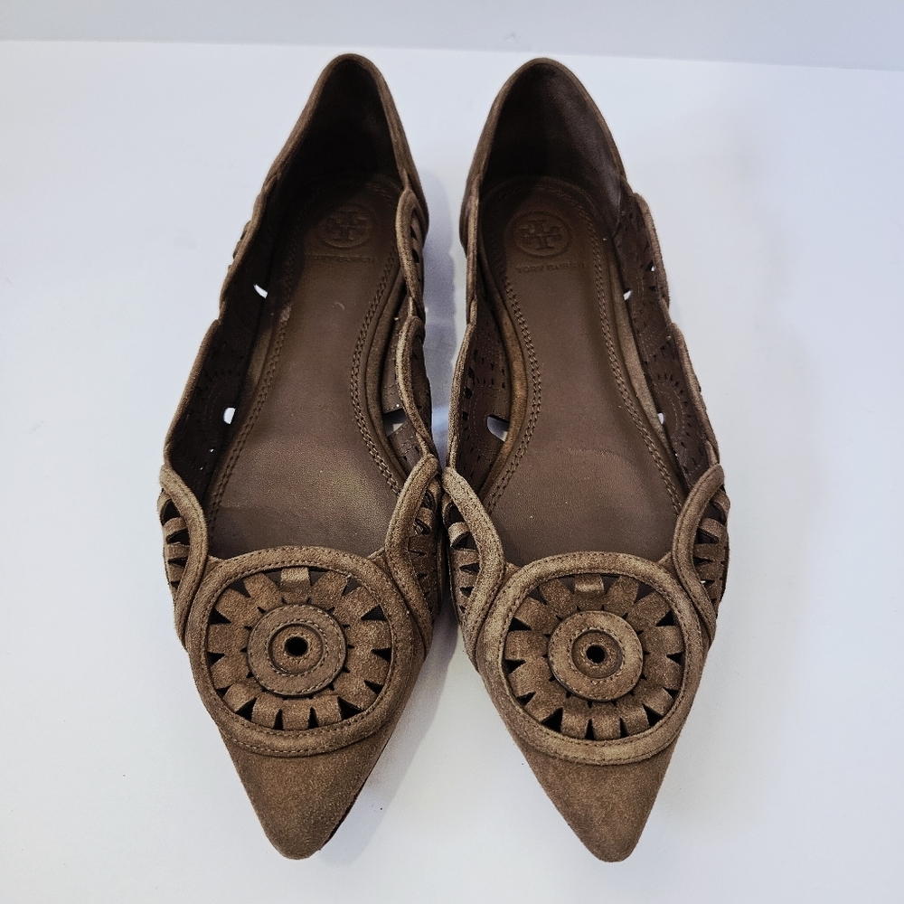 Tory Burch Leyla Pointed Toe Cutout Suede Flats Size 8M Slip On Shoes